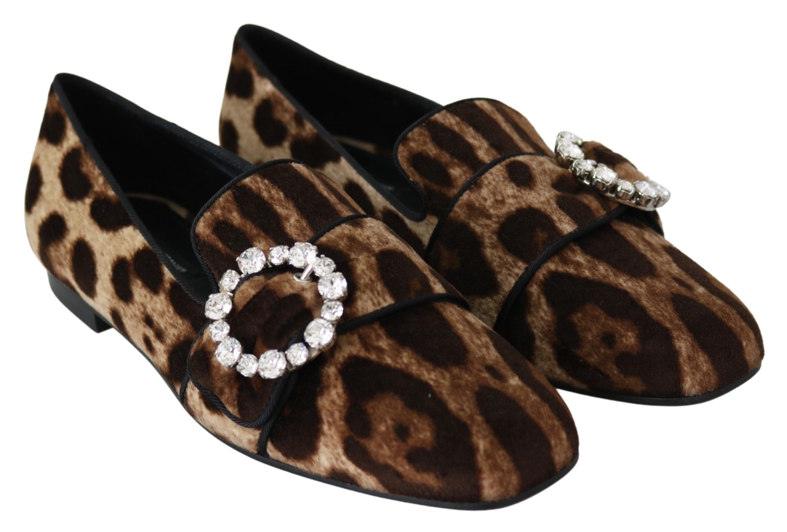 Dolce & Gabbana Brown Leopard Print Crystals Loafers Flats Women's Shoes