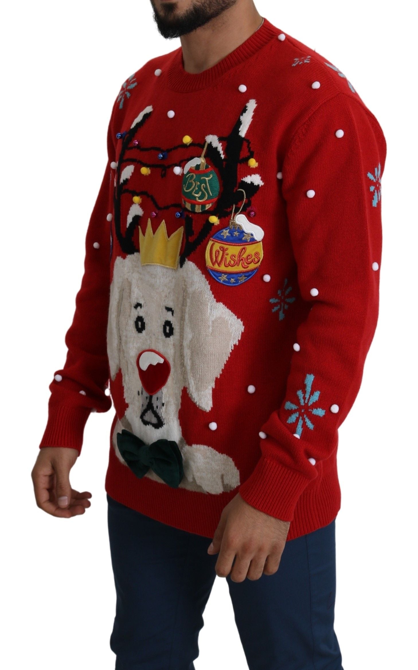 Dolce & Gabbana Red Christmas Dog Pullover Cashmere Men's Sweater