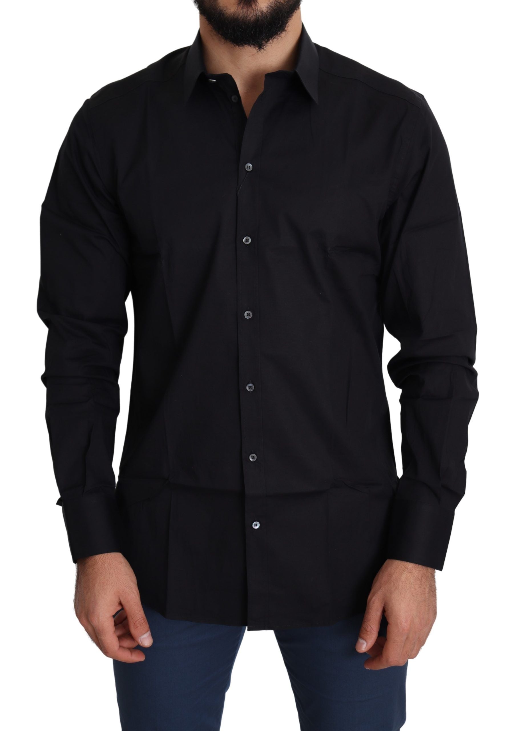 Dolce & Gabbana Black Cotton Stretch Formal GOLD Dress Men's Shirt