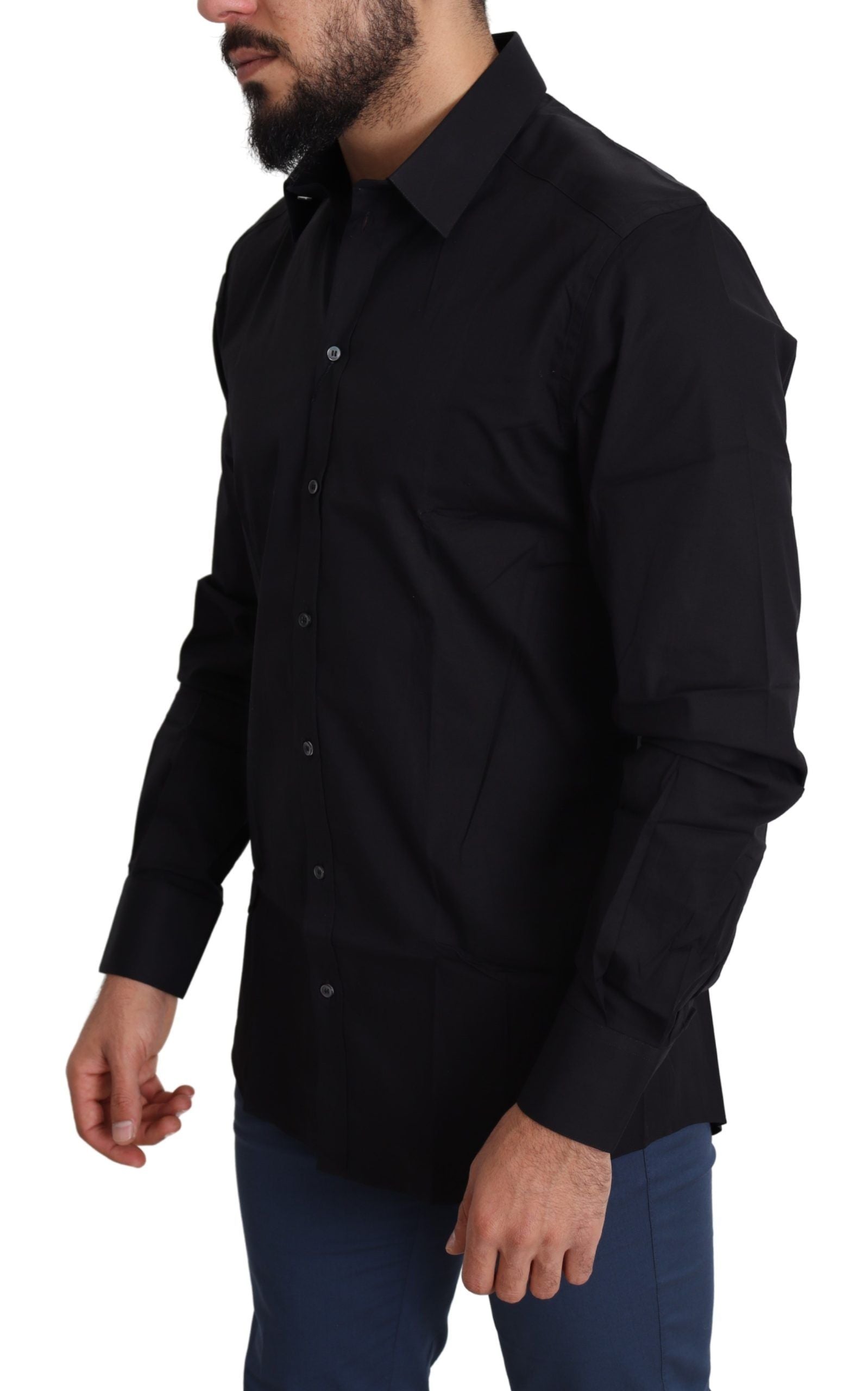 Dolce & Gabbana Black Cotton Stretch Formal GOLD Dress Men's Shirt