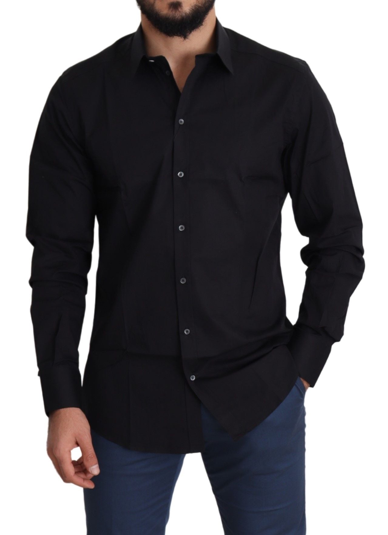Dolce & Gabbana Black Cotton Stretch Formal GOLD Dress Men's Shirt