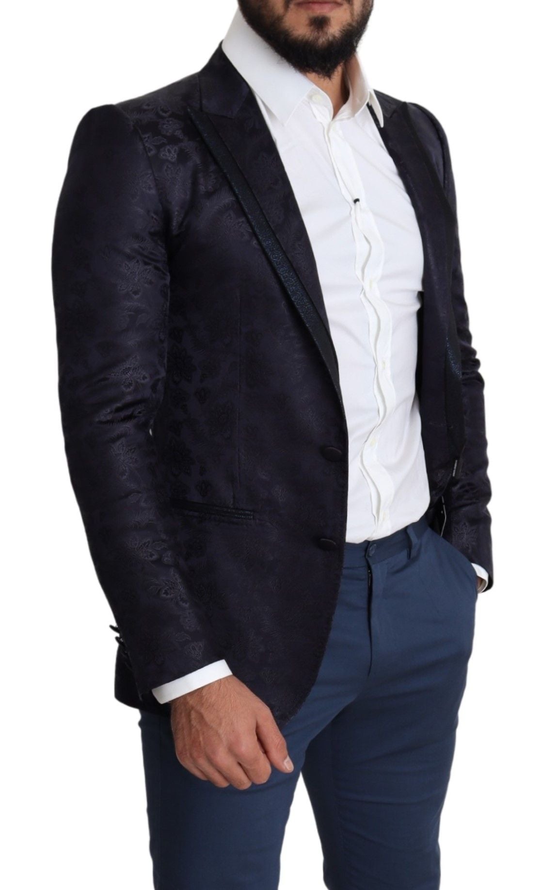 Dolce & Gabbana Blue Floral Jacquard Silk Coat MARTINI Men's Blazer