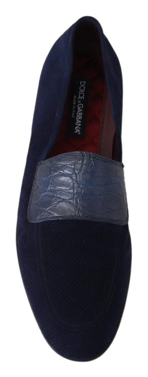 Dolce & Gabbana Blue Suede Caiman Loafers Slippers Men's Shoes