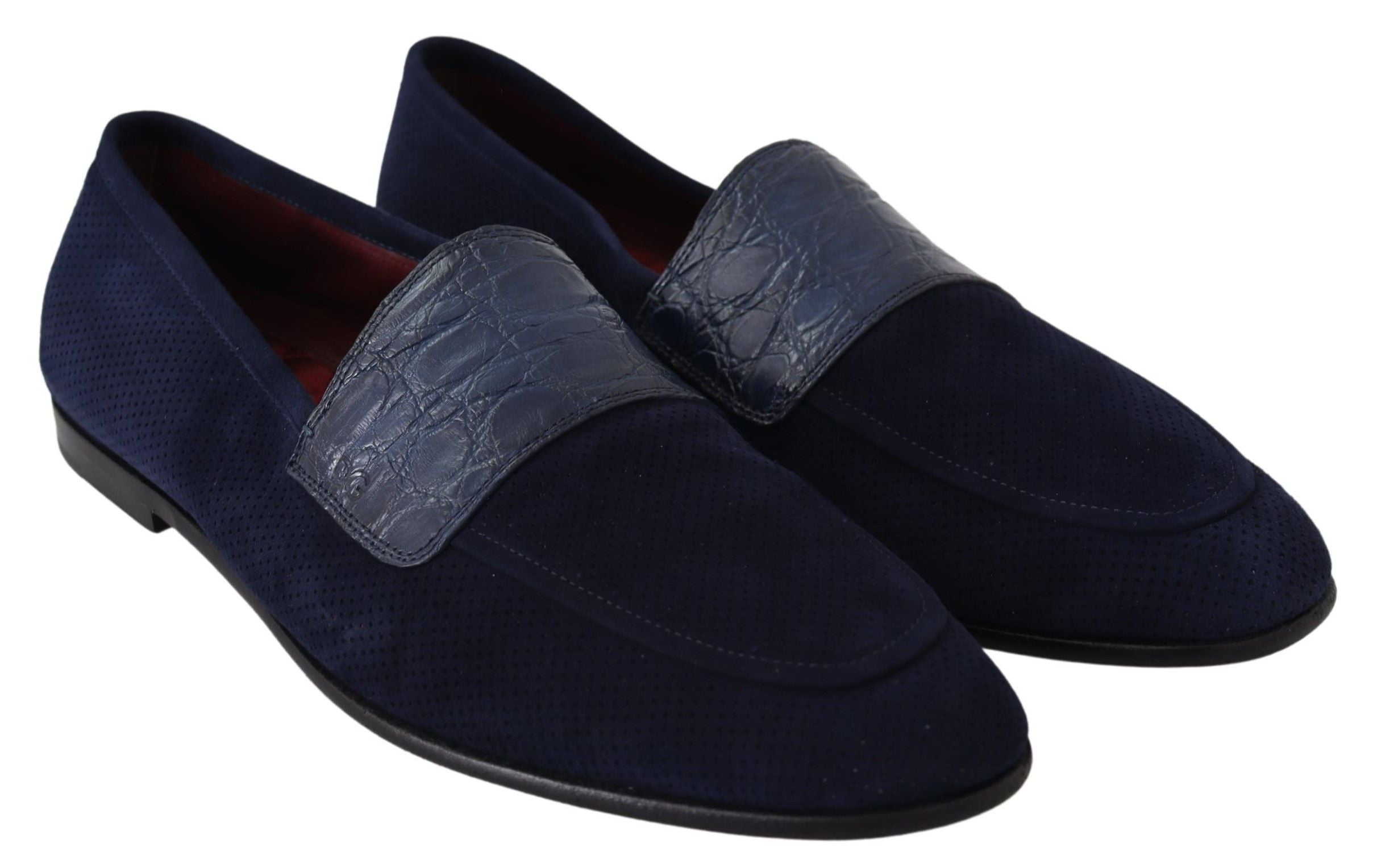 Dolce & Gabbana Blue Suede Caiman Loafers Slippers Men's Shoes