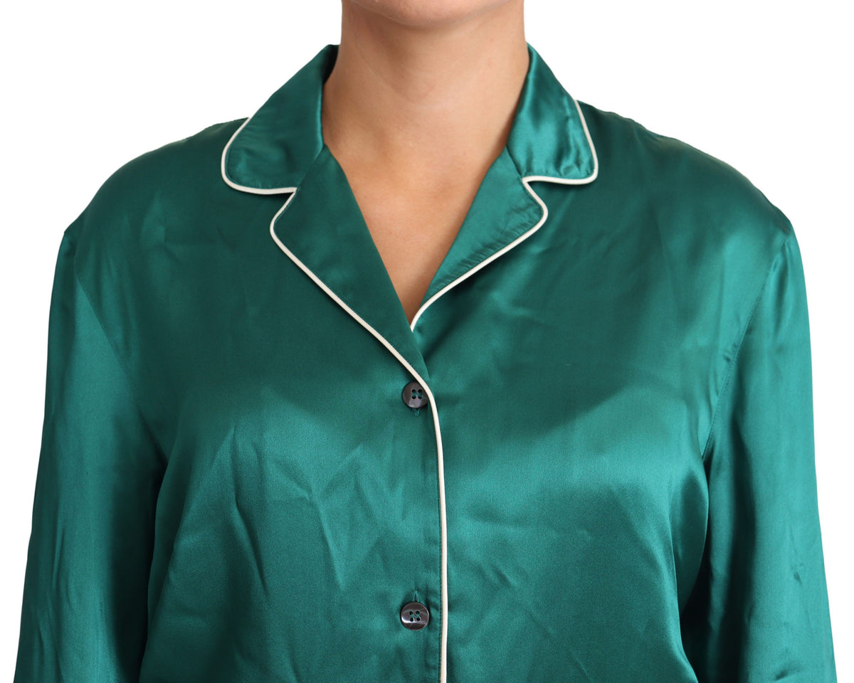 Dolce & Gabbana Green Pyjama Blouse Silk Lounge Sleepwear Women's Top