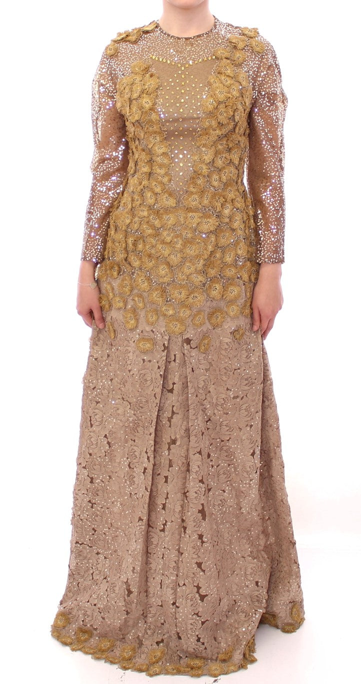 Lanre Da Silva Ajayi Exquisite Gold Lace Maxi Dress with Women's Crystals