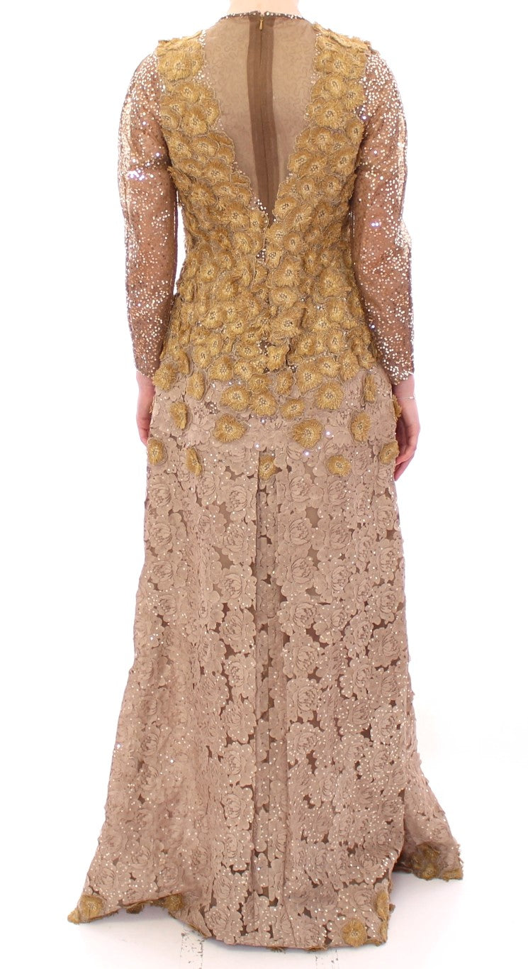 Lanre Da Silva Ajayi Exquisite Gold Lace Maxi Dress with Women's Crystals