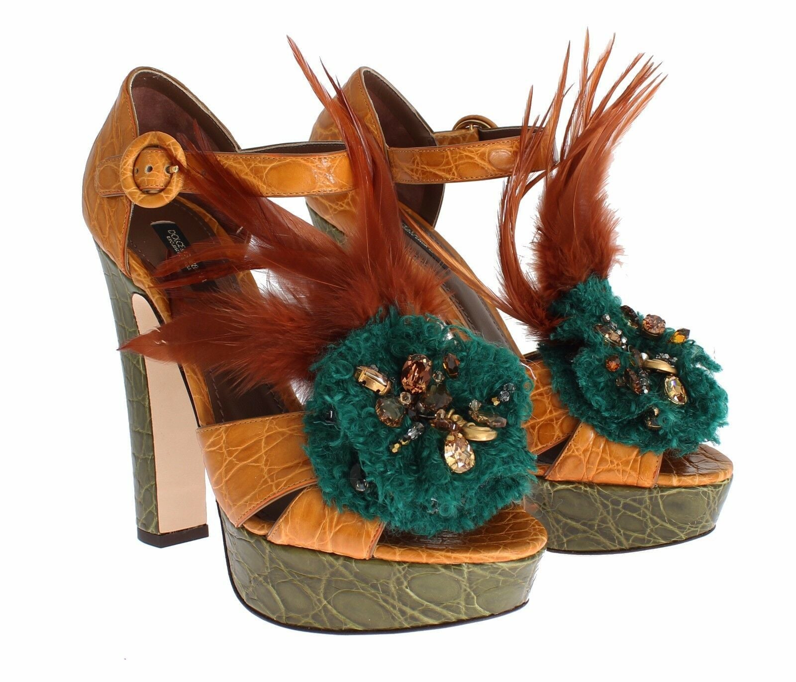 Dolce & Gabbana Orange Leather Crystal Platform Sandal Women's Shoes