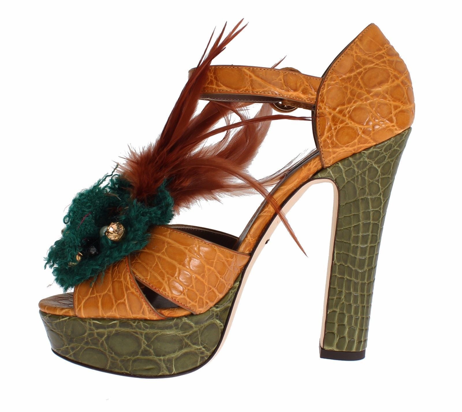Dolce & Gabbana Orange Leather Crystal Platform Sandal Women's Shoes