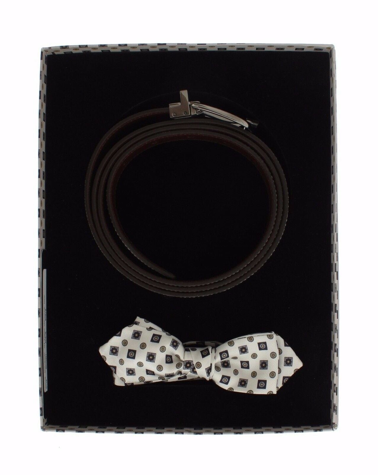 Dolce & Gabbana White Silk Bowtie Leather Men Belt Gift Men's Box