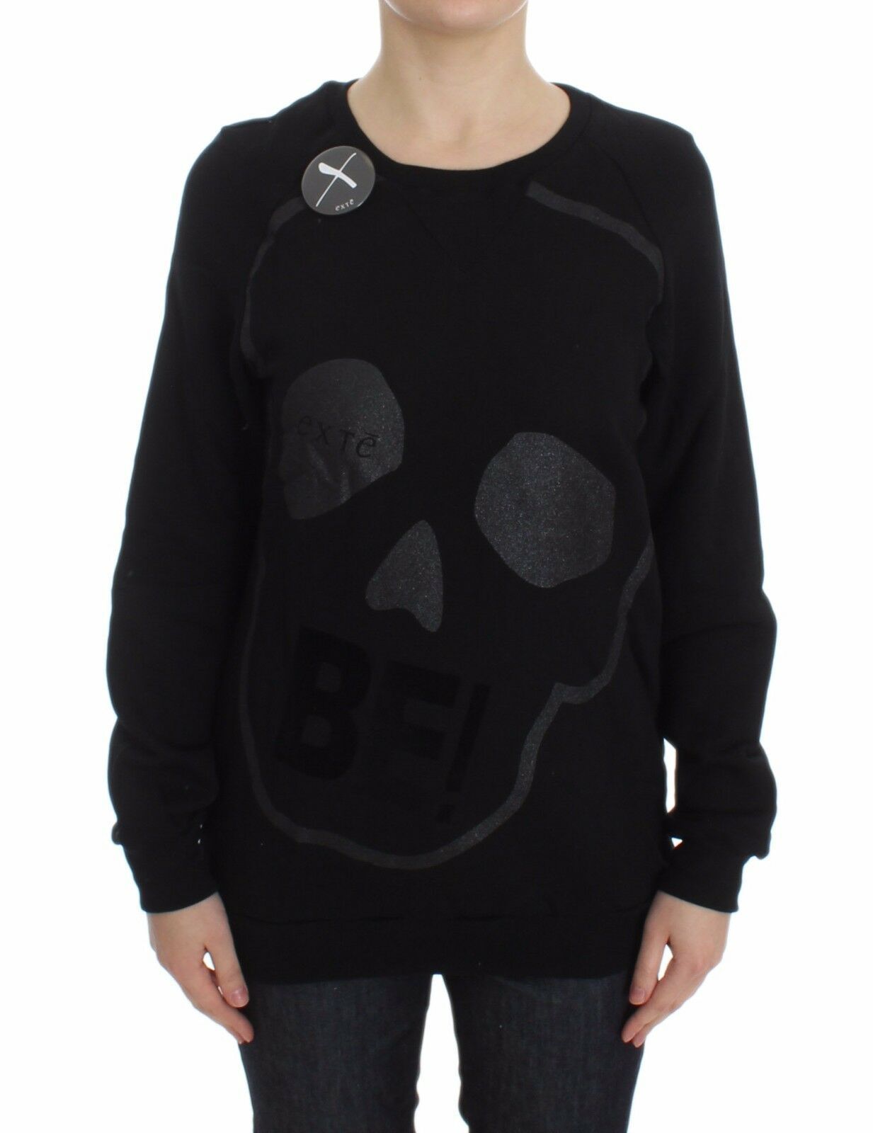 Exte Chic Skull Motif Crew-Neck Cotton Women's Sweater