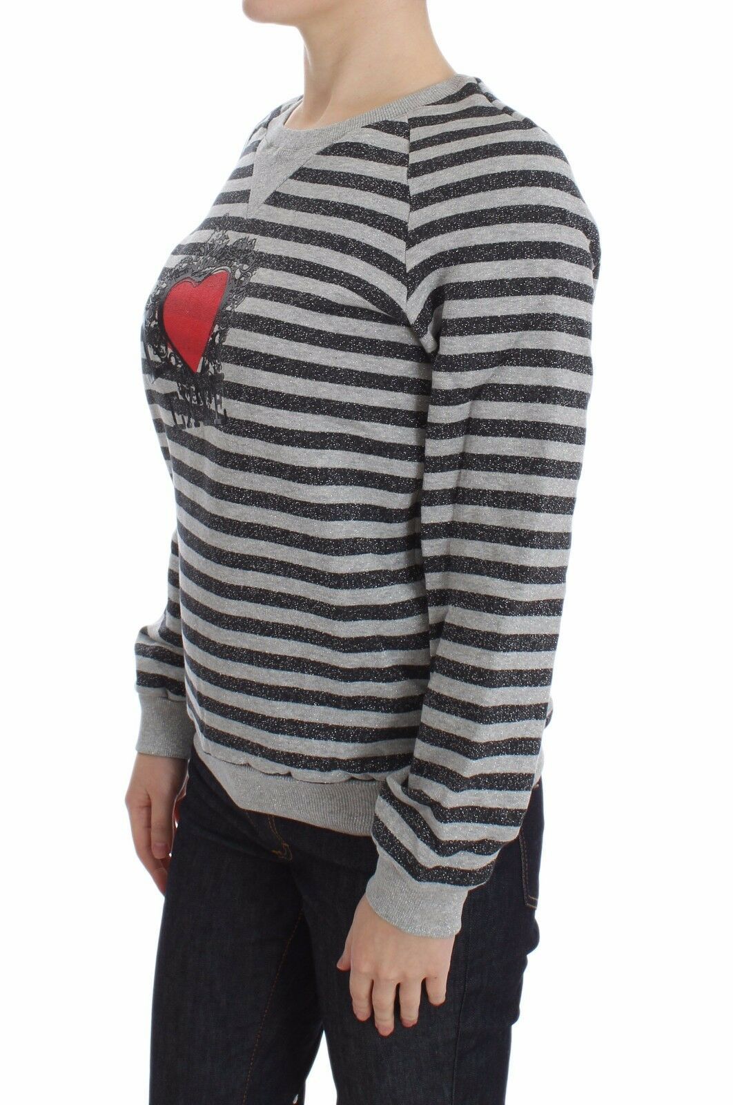 Exte Gray Striped Cotton Crewneck Women's Sweater
