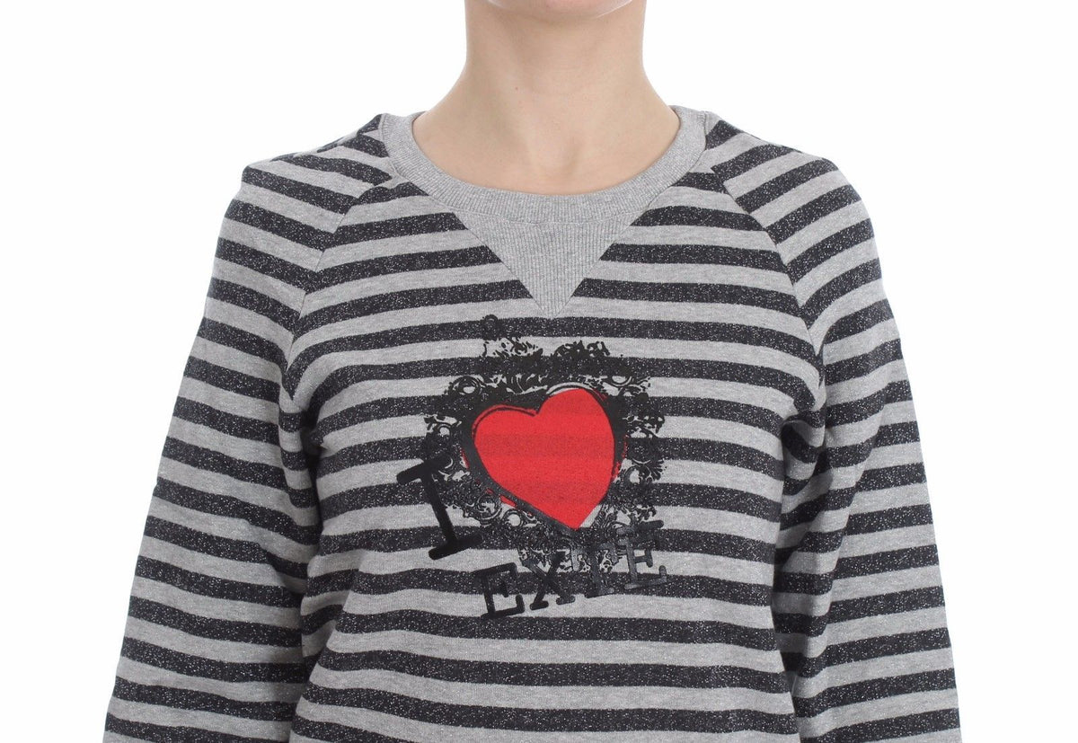 Exte Gray Striped Cotton Crewneck Women's Sweater