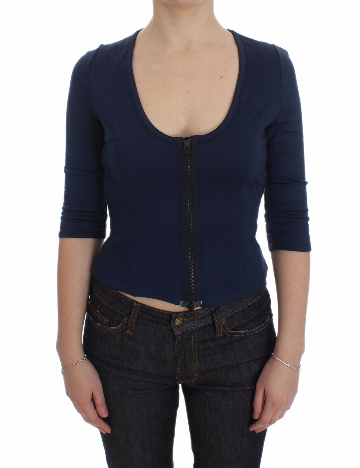 Exte Chic Zippered Crew-Neck Blue Women's Sweater