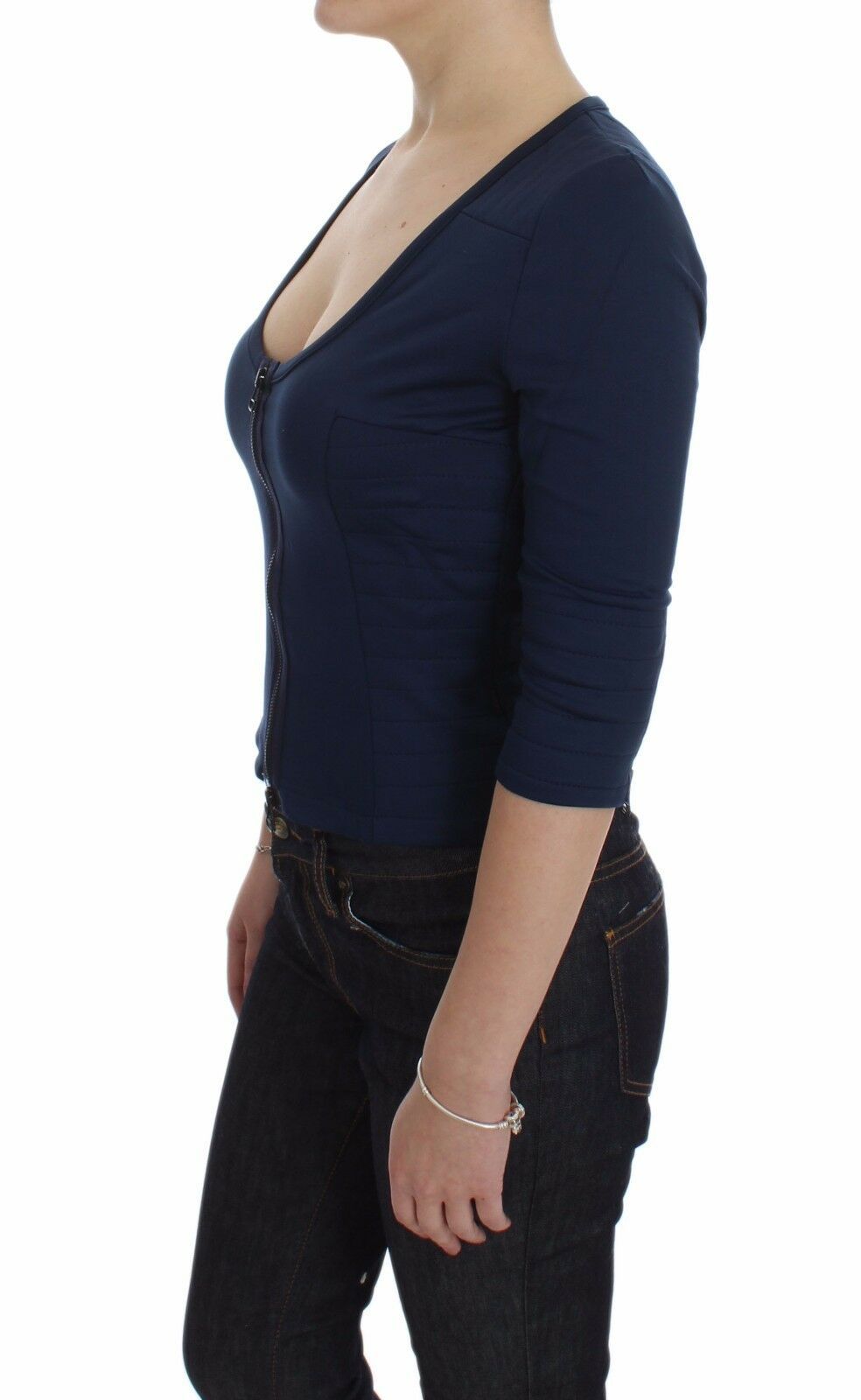 Exte Blue Cotton Top Zipper Deep Crew-neck Women's Sweater