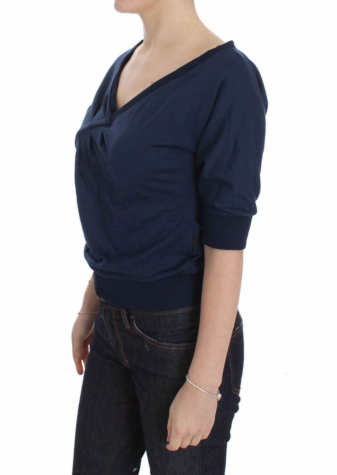 Exte Blue Cotton Top Pullover Deep V-neck Women Women's Sweater