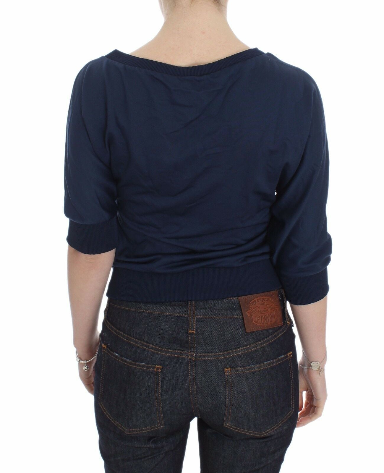 Exte Blue Cotton Top Pullover Deep V-neck Women Women's Sweater