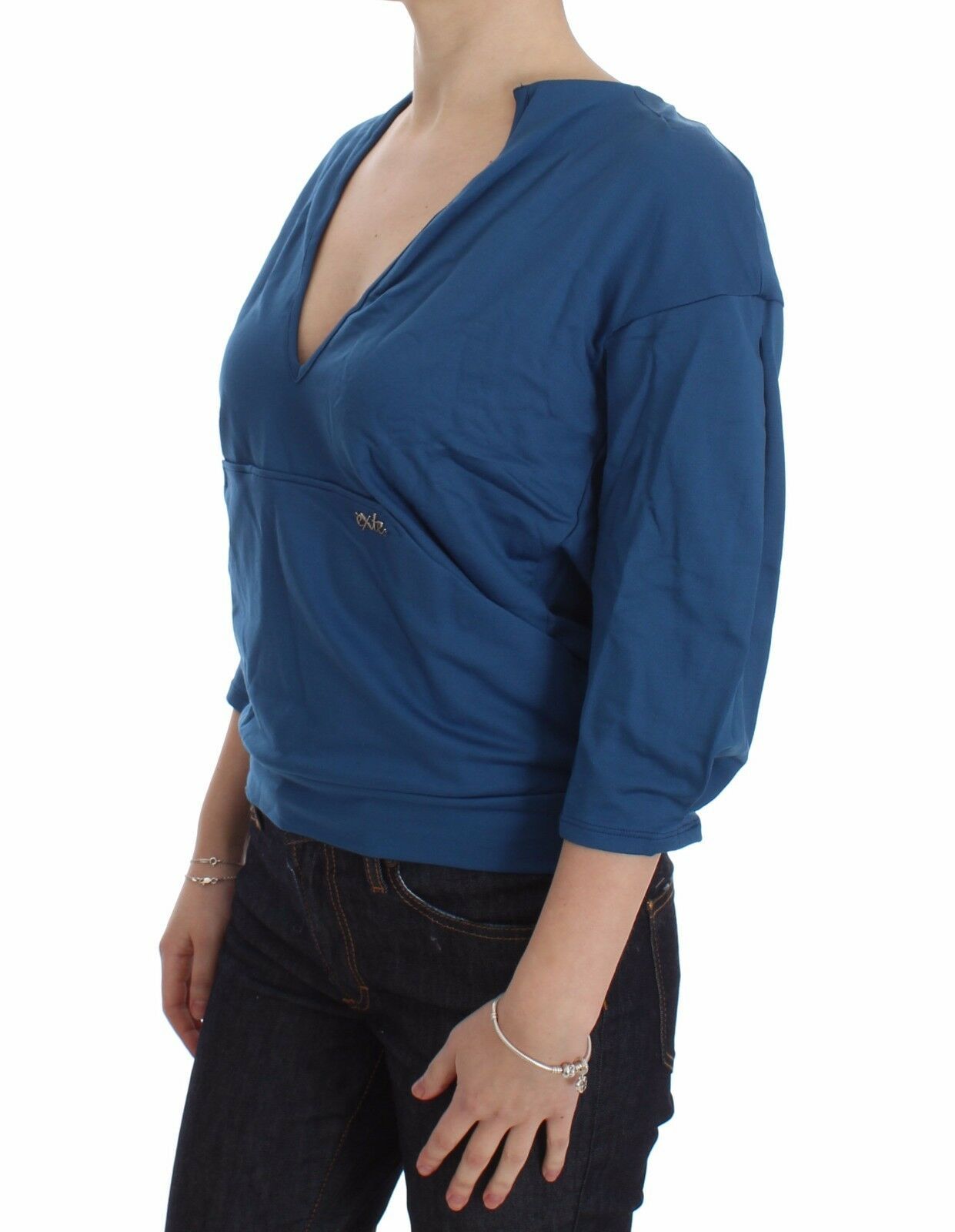 Exte Blue Cotton Top Pullover Deep V-neck Women Women's Sweater