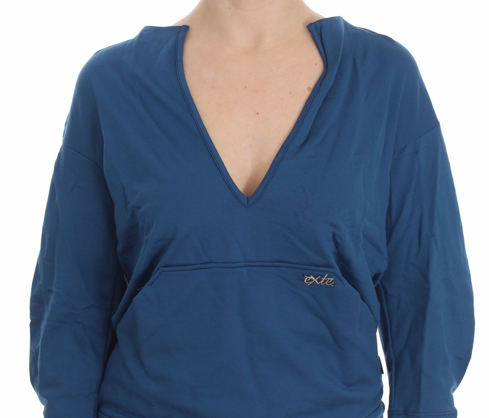 Exte Blue Cotton Top Pullover Deep V-neck Women Women's Sweater