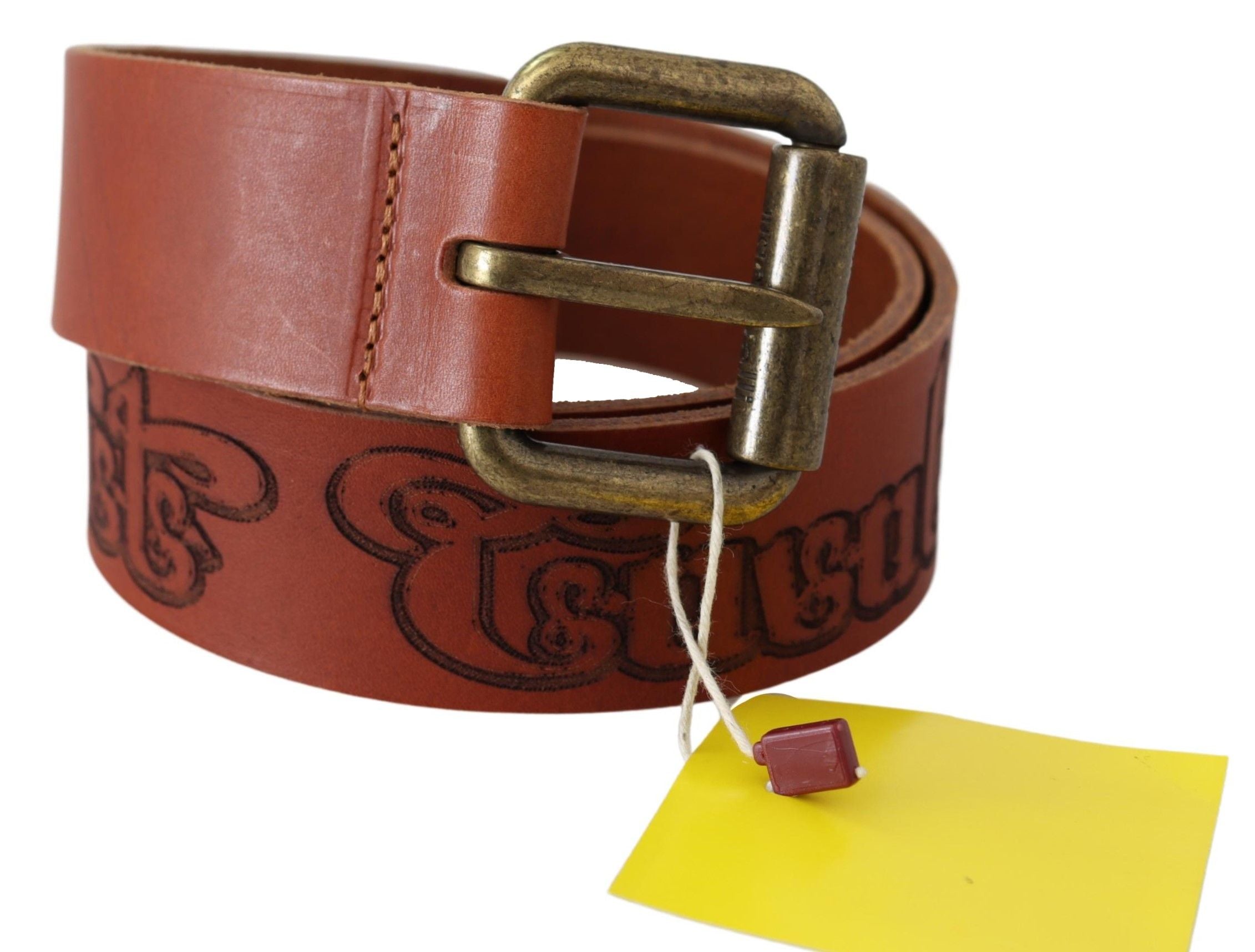 Just Cavalli Brown Leather Logo Bronze Rustic Metal Buckle Women's Belt