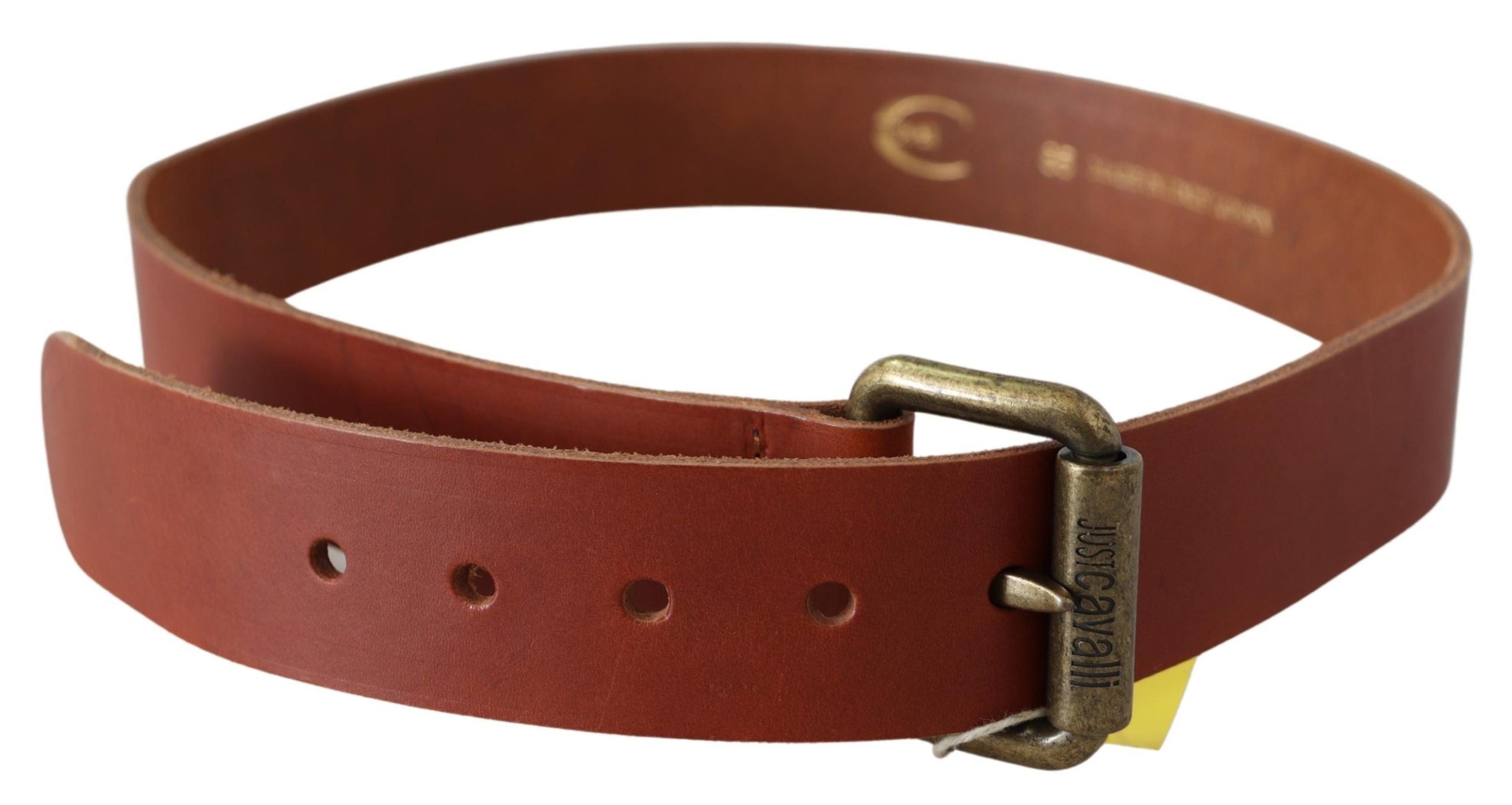 Just Cavalli Brown Leather Logo Bronze Rustic Metal Buckle Women's Belt