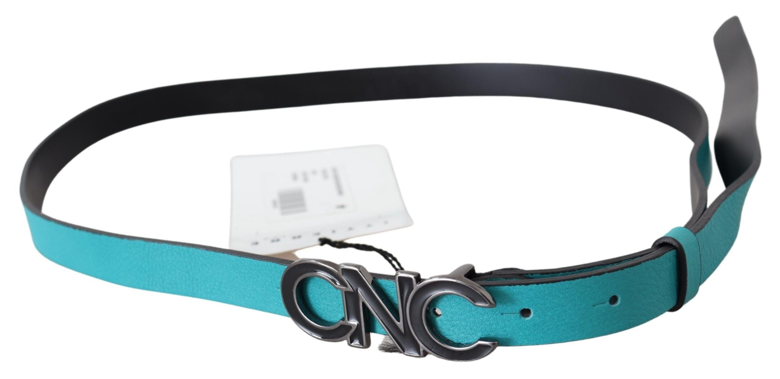 Costume National Blue Green Leather Logo Silver Buckle Women's Belt