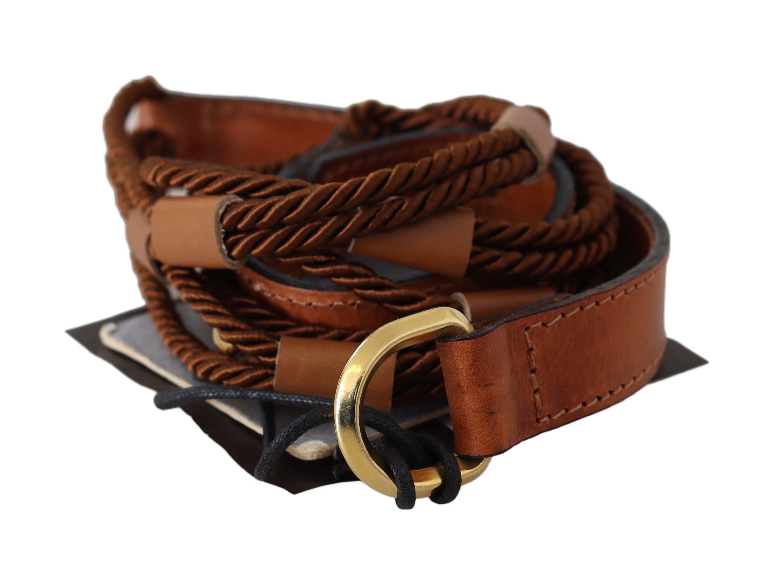 Scervino Street Brown Leather Braided Rope Gold Buckle Women's Belt