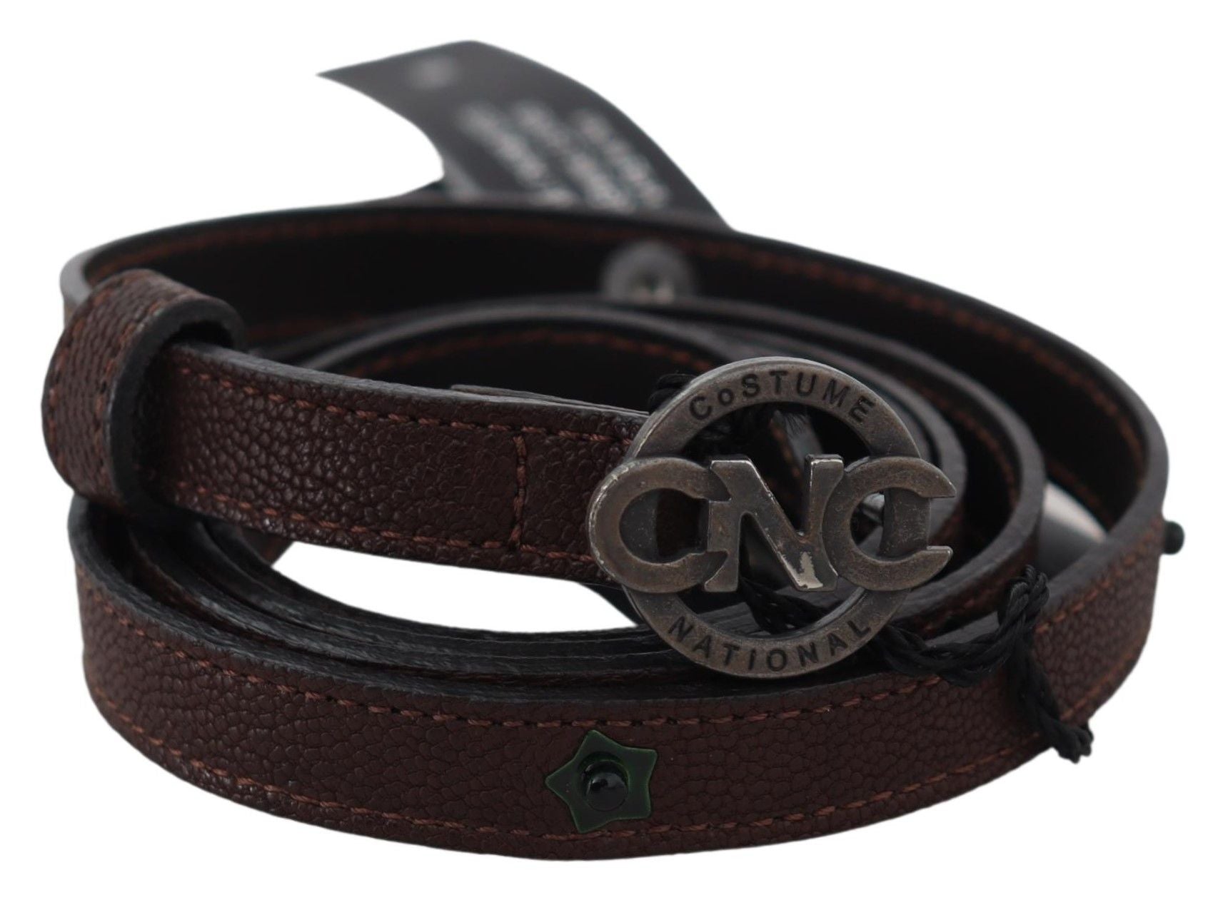 Costume National Brown Skinny Leather Round Logo Buckle Women's Belt