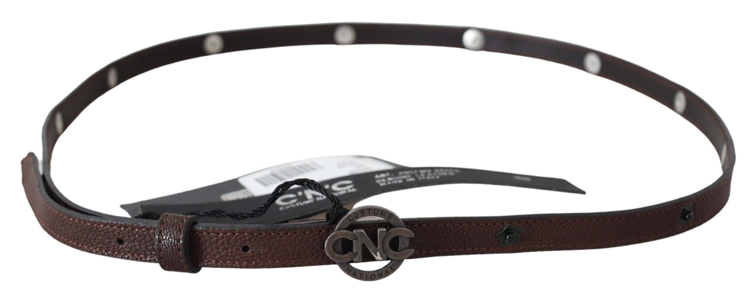 Costume National Brown Skinny Leather Round Logo Buckle Women's Belt