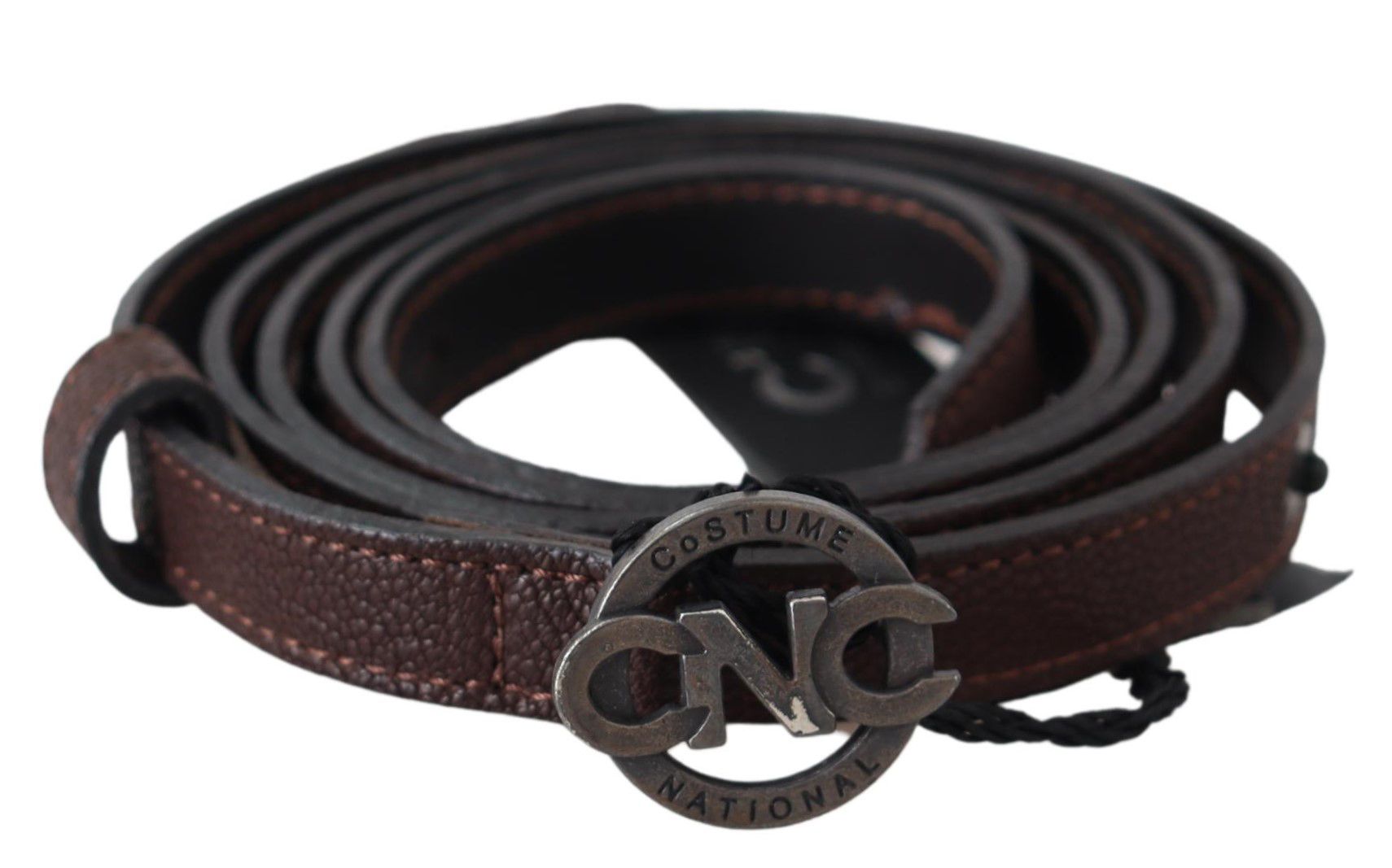 Costume National Brown Skinny Leather Round Logo Buckle Women's Belt
