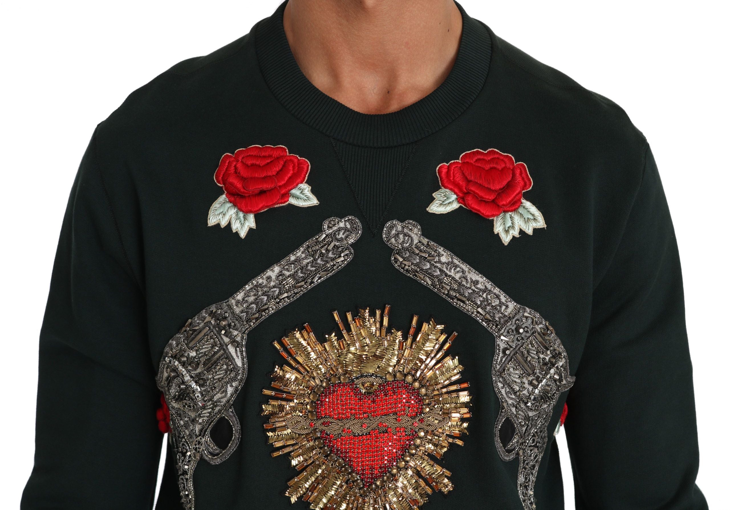 Dolce & Gabbana Green Crystal Heart Roses Gun Men's Sweater