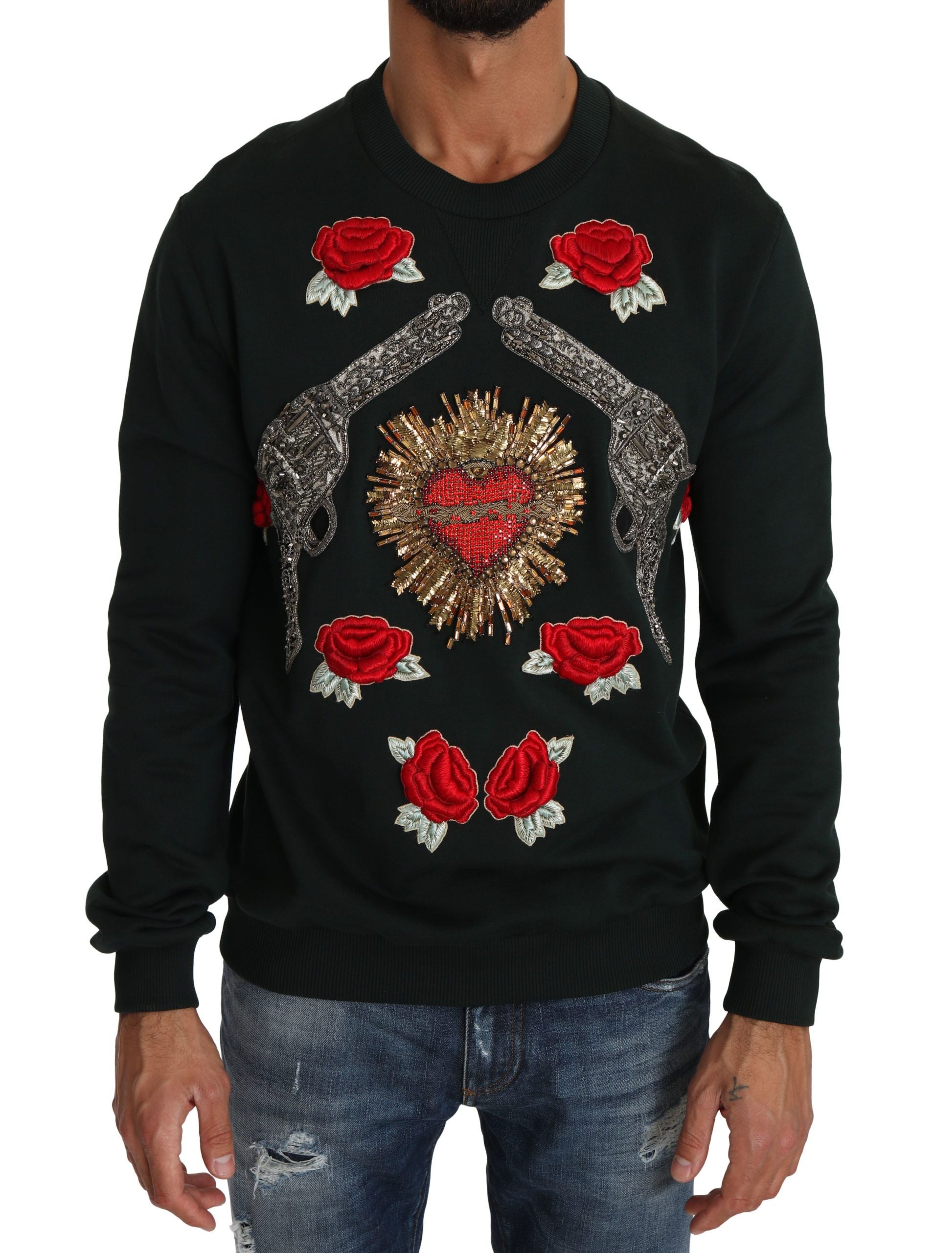 Dolce & Gabbana Green Crystal Heart Roses Gun Men's Sweater