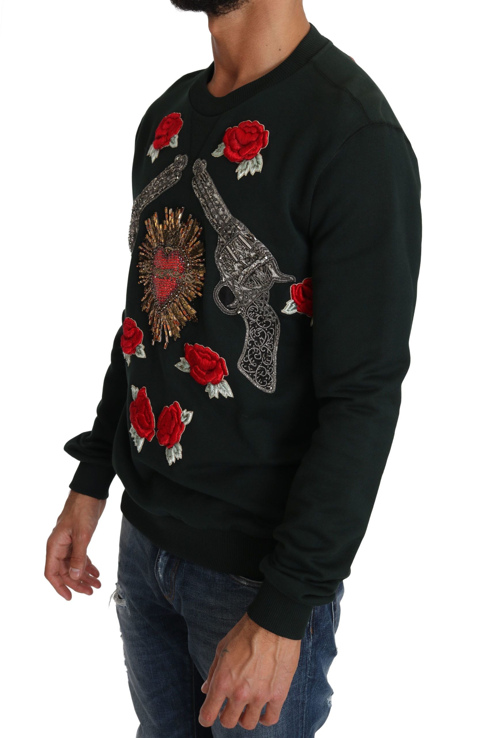 Dolce & Gabbana Green Crystal Heart Roses Gun Men's Sweater
