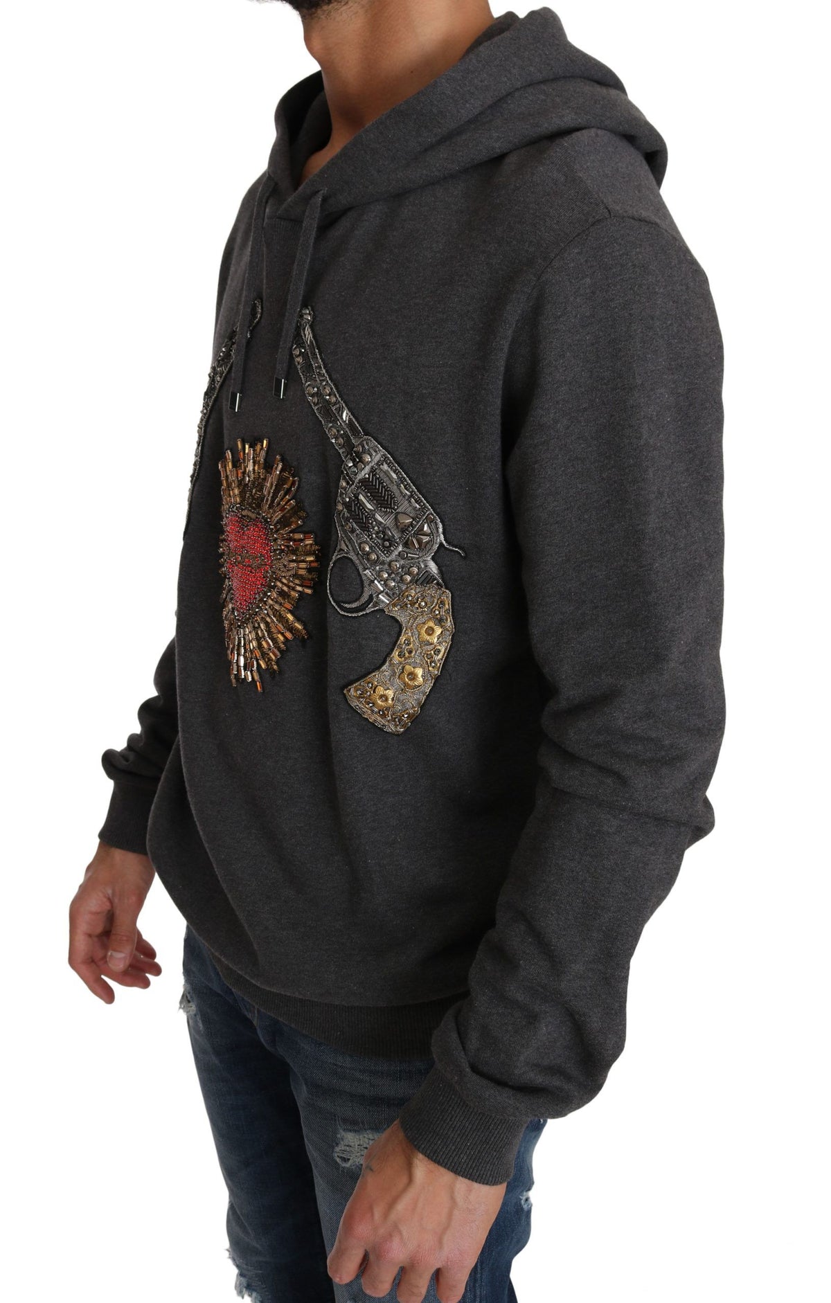 Dolce & Gabbana Gray Hooded Red Crystal Heart Gun Men's Sweater