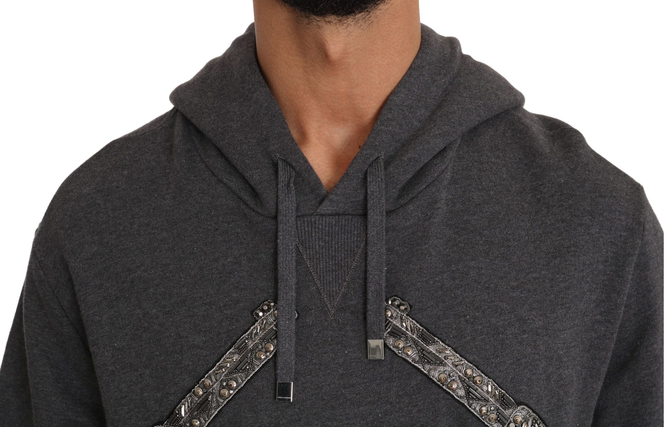 Dolce & Gabbana Gray Hooded Red Crystal Heart Gun Men's Sweater