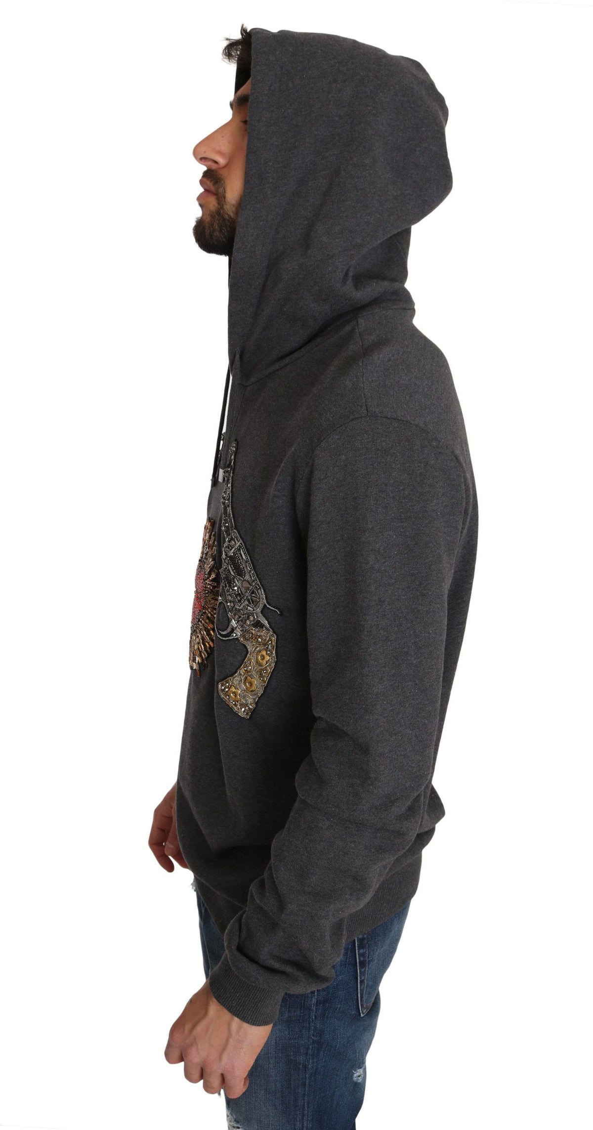 Dolce & Gabbana Gray Hooded Red Crystal Heart Gun Men's Sweater