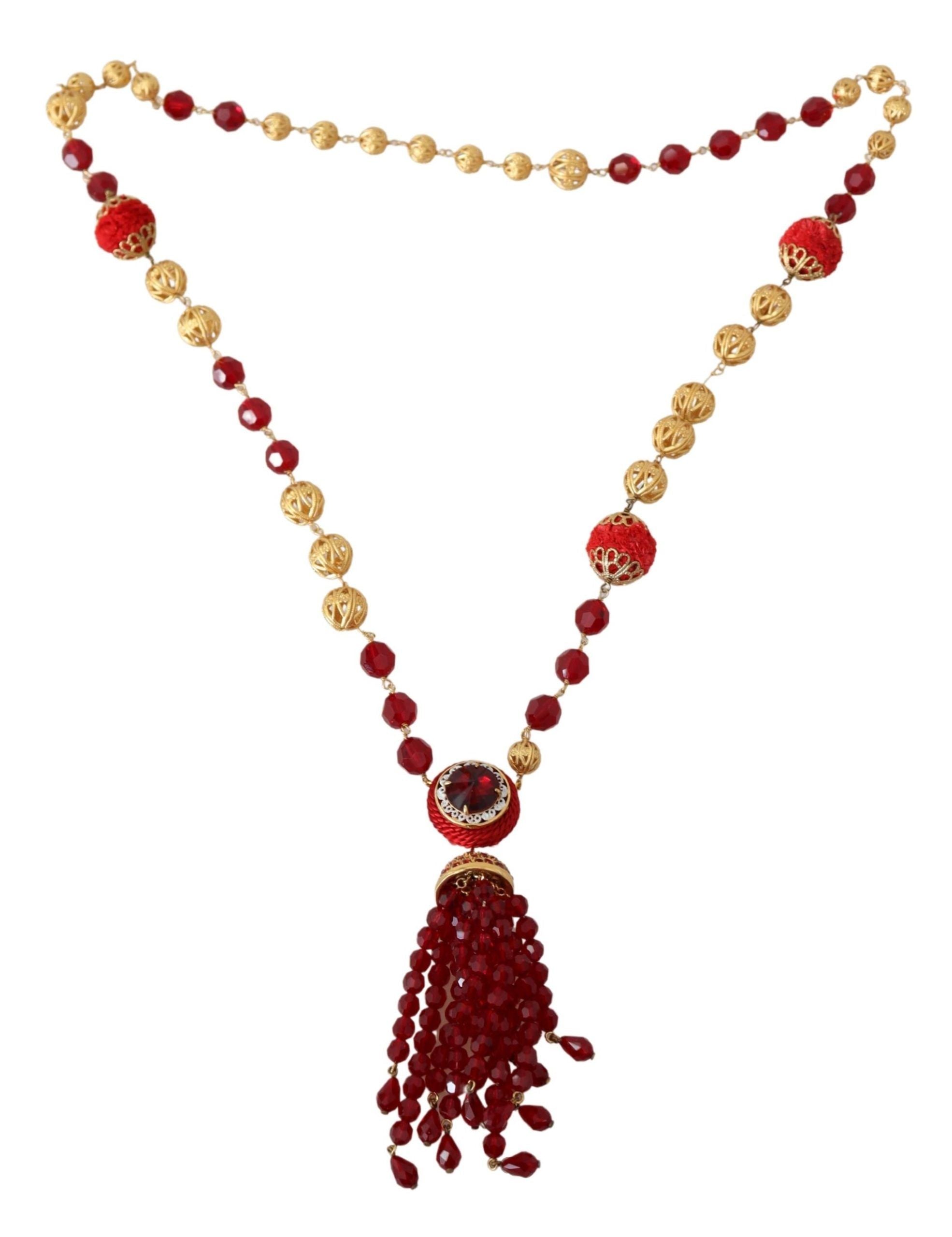 Dolce & Gabbana Gold Tone Brass Red Crystals Pendant Opera Chain Women's Necklace
