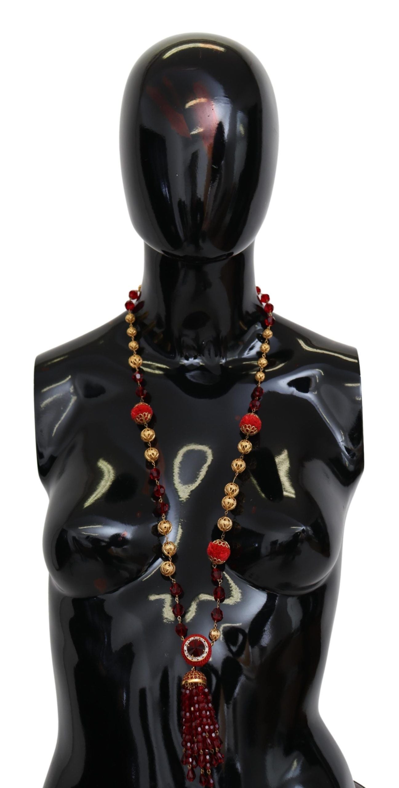Dolce & Gabbana Gold Tone Brass Red Crystals Pendant Opera Chain Women's Necklace