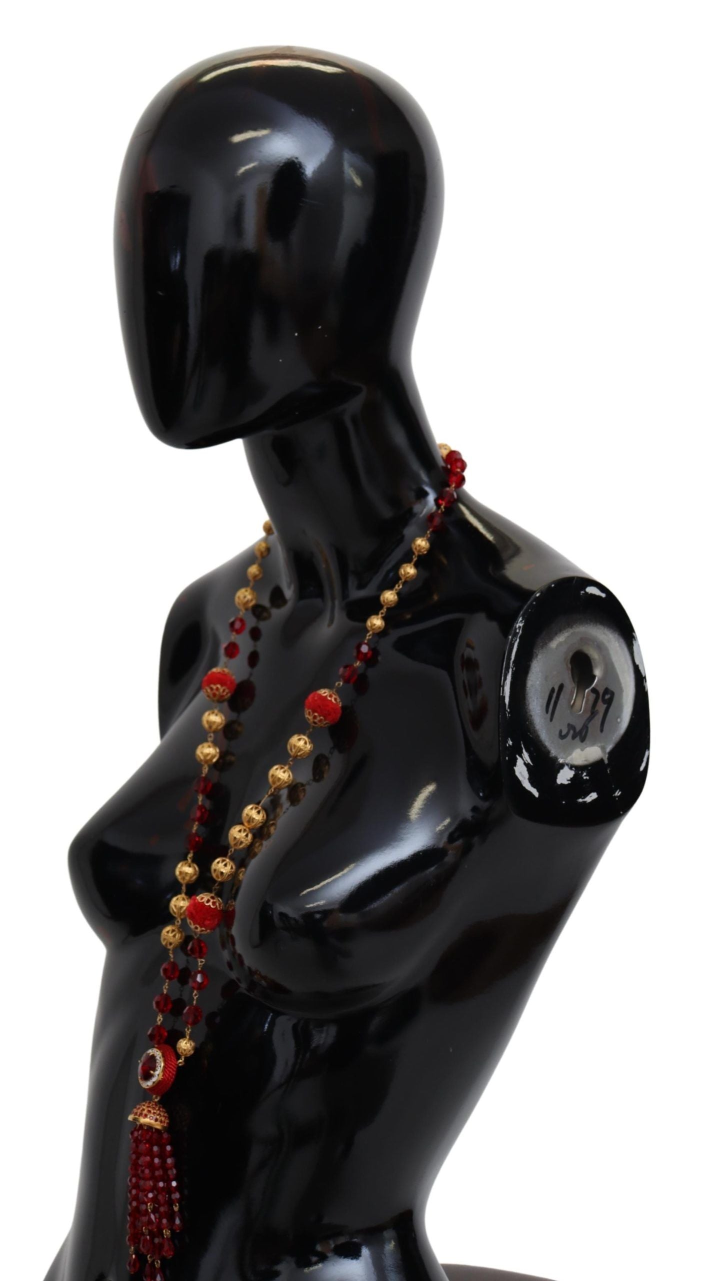 Dolce & Gabbana Gold Tone Brass Red Crystals Pendant Opera Chain Women's Necklace