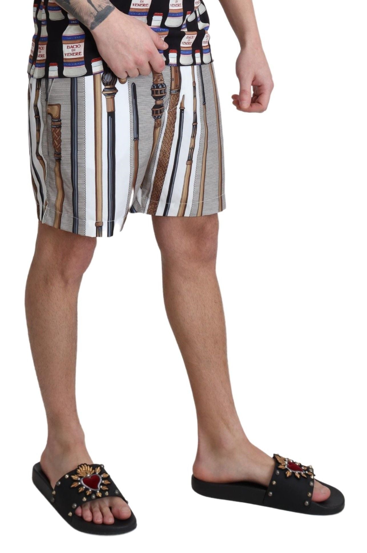 Dolce & Gabbana White Walking Stick Beachwear Shorts Men's Swimshorts