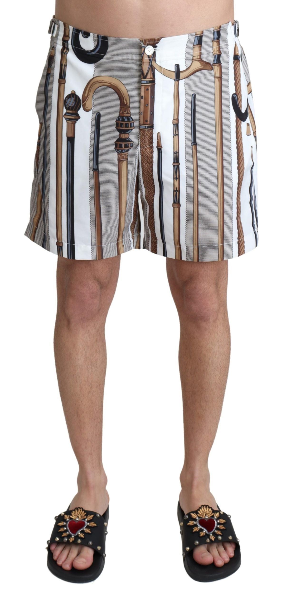 Dolce & Gabbana White Walking Stick Beachwear Shorts Men's Swimshorts