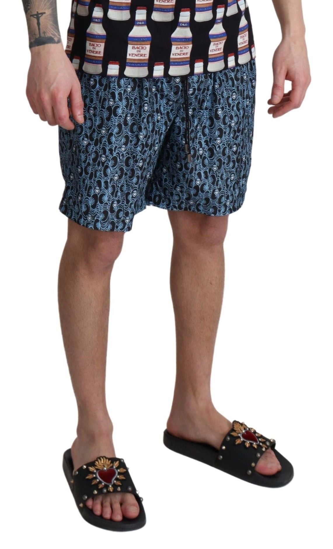 Dolce & Gabbana Blue Patterned Print Beachwear Shorts Men's Swimwear