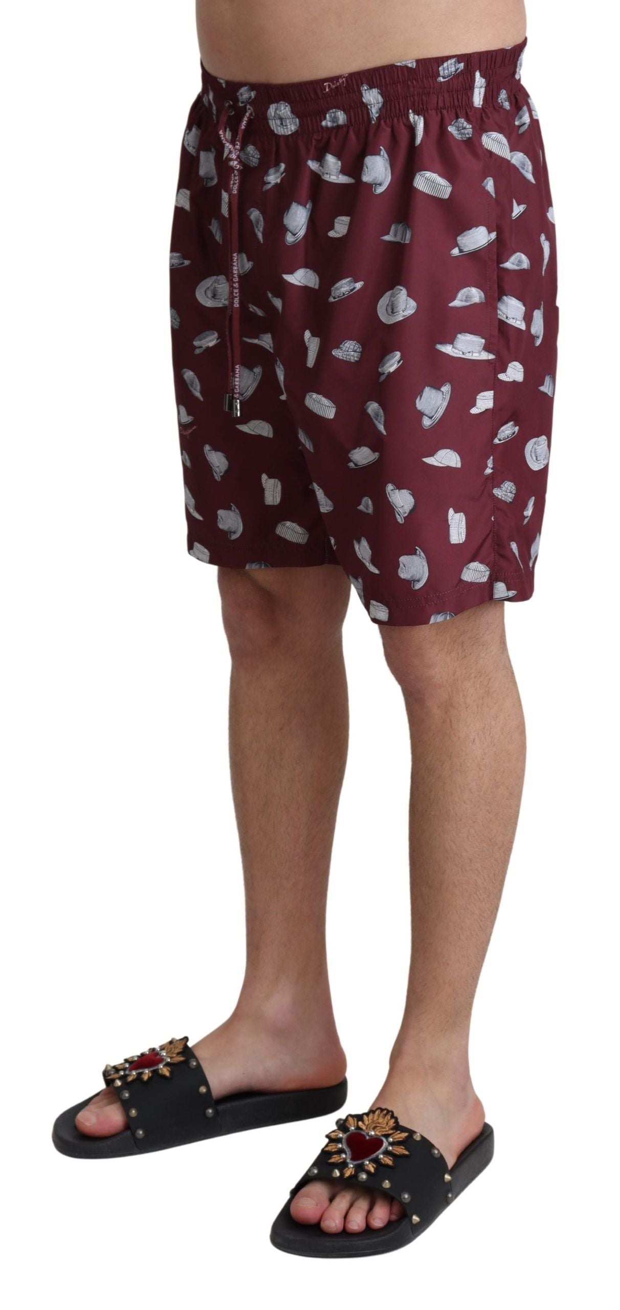 Dolce & Gabbana Maroon Hats Print Beachwear Shorts Men's Swimwear