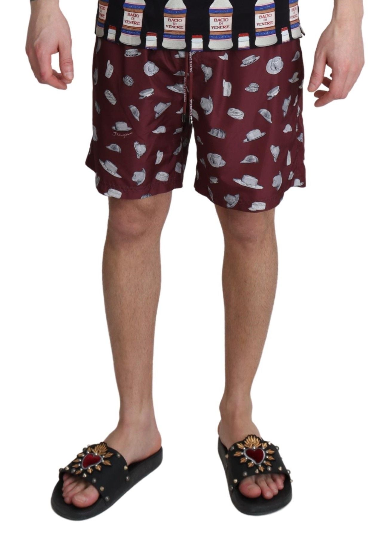 Dolce & Gabbana Maroon Hats Print Beachwear Shorts Men's Swimwear
