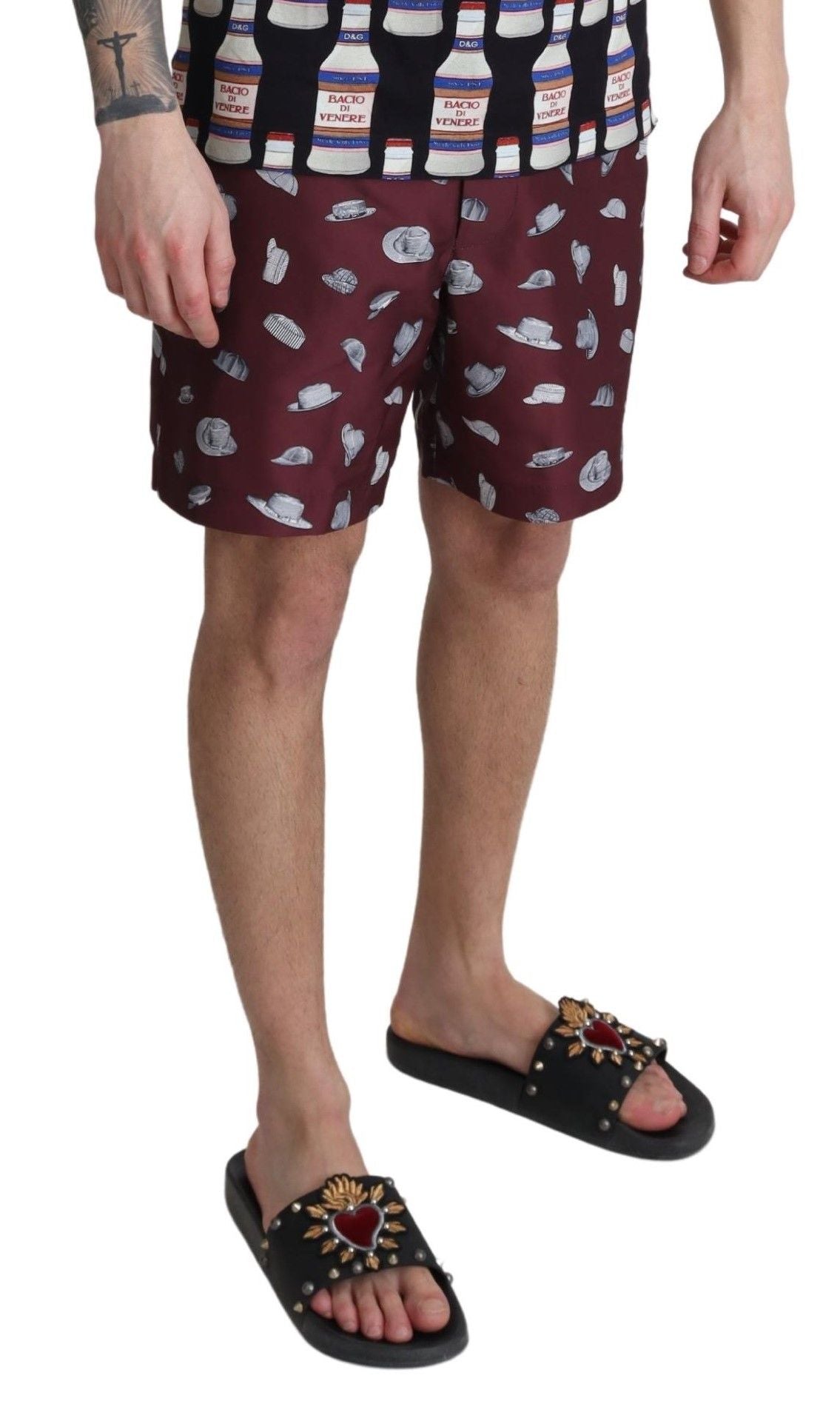 Dolce & Gabbana Maroon Hats Print Beachwear Shorts Men's Swimwear