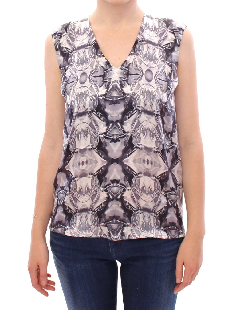 Arzu Kaprol Gray Blue Silk Sleeveless Top Shirt Women's Blouse