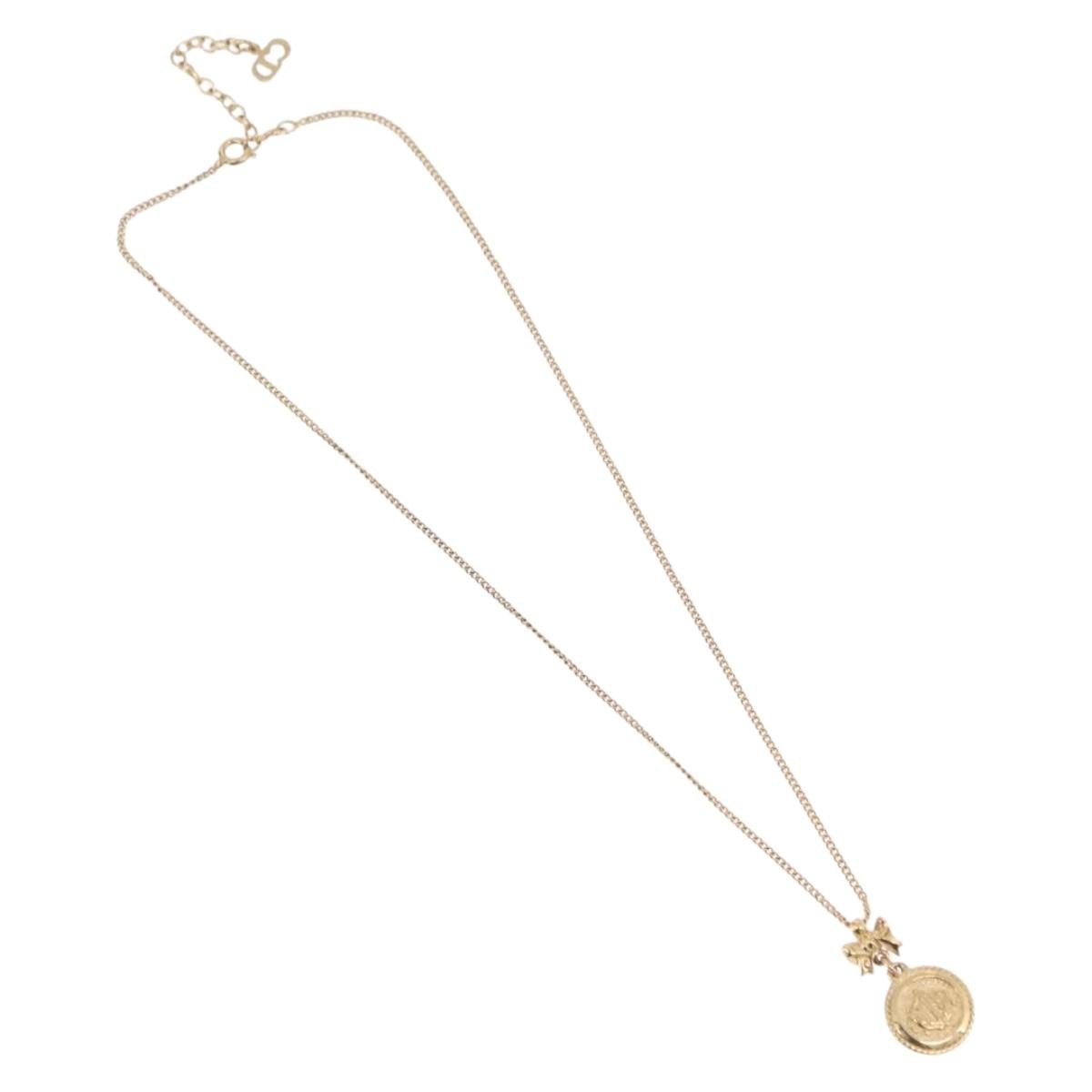 Christian Dior Round Logo Pendant Metal With Crystal Gold Metal Necklace Jewelry (Pre-Owned)