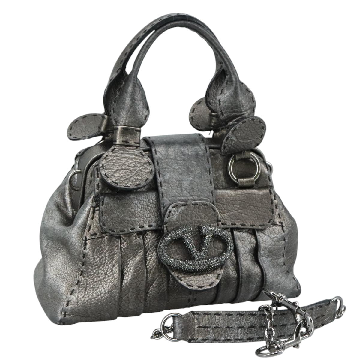 Valentino Garavani V Logo Silver Leather Handbag (Pre-Owned)