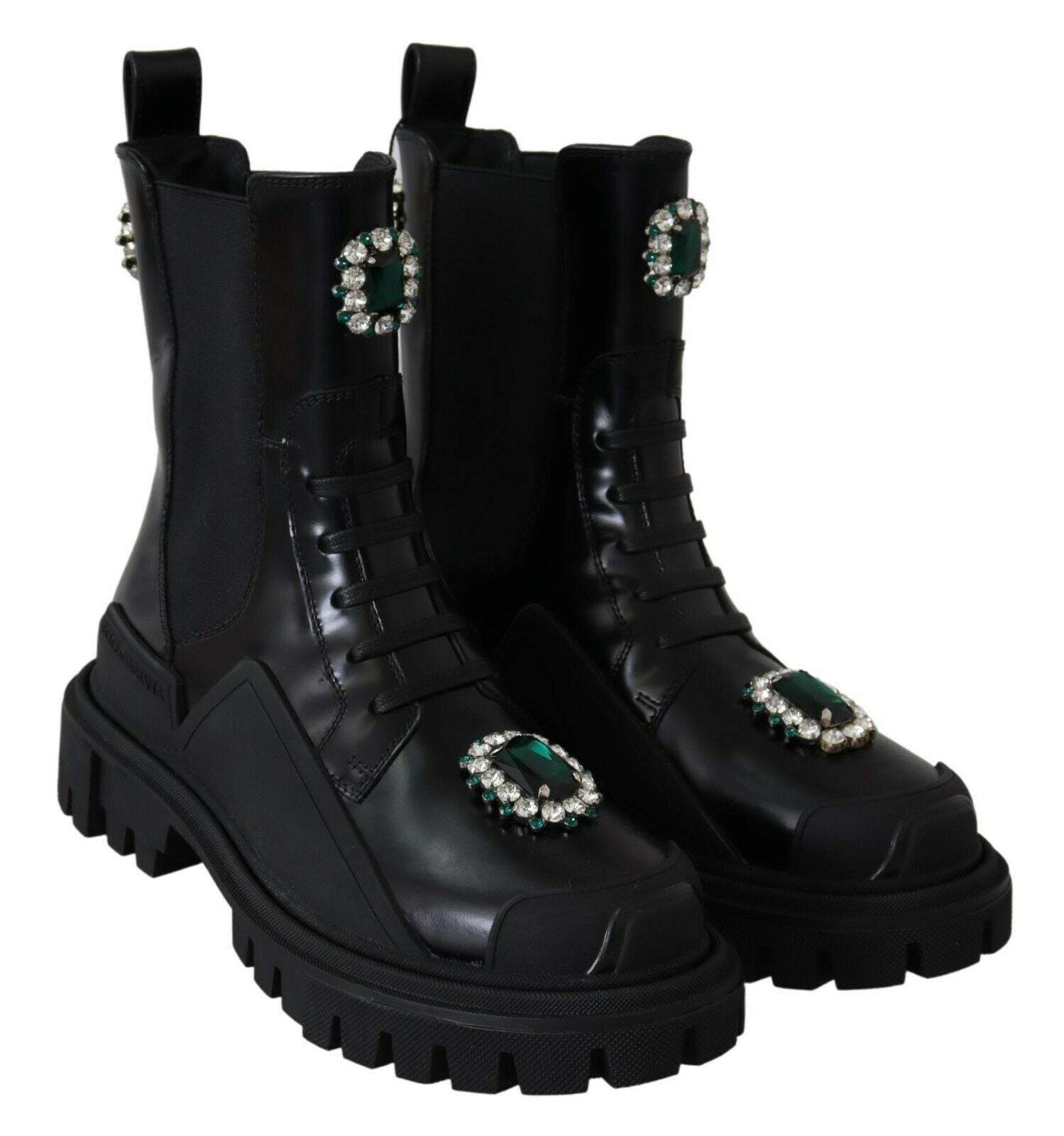 Dolce & Gabbana Black Leather Crystal Combat Women's Boots
