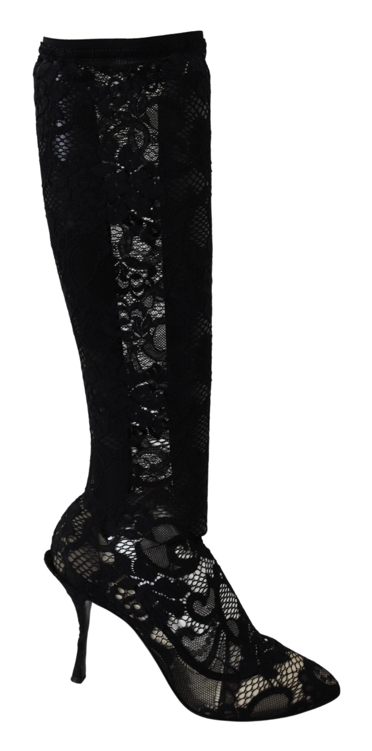 Dolce & Gabbana Black Taormina Lace Socks Boots Shoes Women's Pumps
